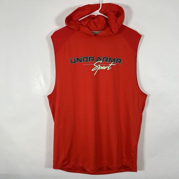 Under Armour Sport Sleeveless Hoodie Mens Size Medium Orange Back Zipper Pocket - Picture 1 of 13